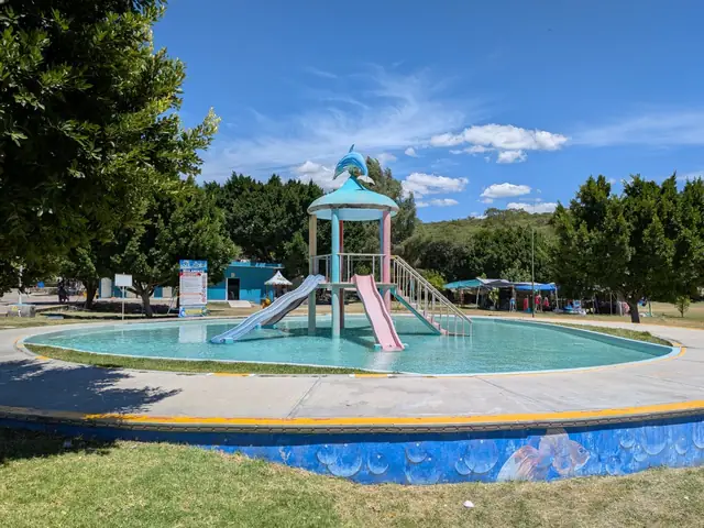 Chapoteadero circular con resbaladillas y figura de delfín